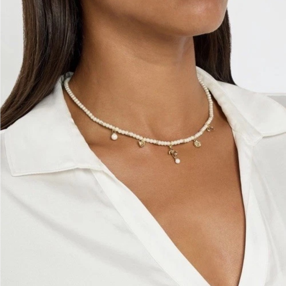 Coach Pearl Beaded Charm Necklace NEW 16" with 2" Extender Flower Signature C - Picture 3 of 8